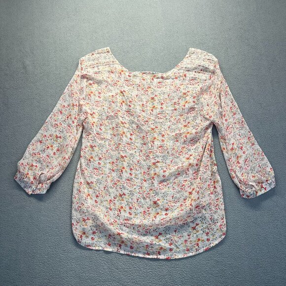 Two by Vince Camuto Floral Peasant Sheer Blouse Large Shirt Tassel Pink Smock - Picture 2 of 10